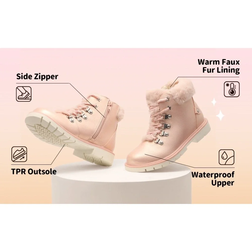DREAM PAIRS Pink Girl Kid Side Zipper Lace up Faux Fur Ankle Size 2 Warm Sparkle